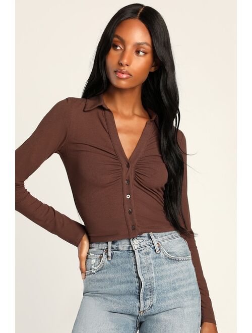 Lulus Keep Things Casual Brown Ribbed Ruched Button-Up Collared Top