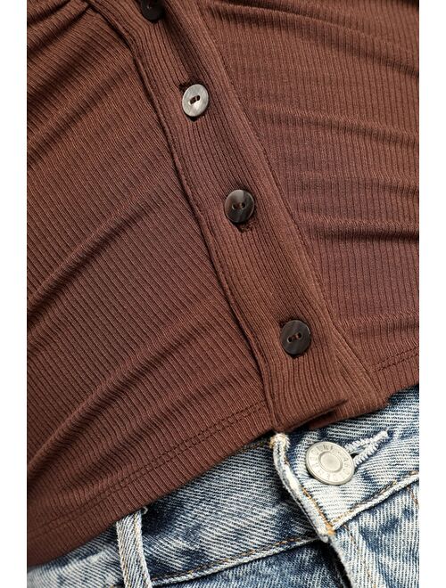 Lulus Keep Things Casual Brown Ribbed Ruched Button-Up Collared Top