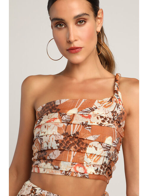 Lulus Something Wild Brown Multi Print Pleated One-Shoulder Crop Top