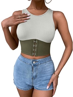 Women's Summer Ribbed Knit Sleeveless Vest Color Block Crop Tank Top