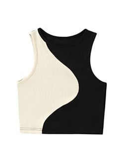 Women's Summer Ribbed Knit Sleeveless Vest Color Block Crop Tank Top