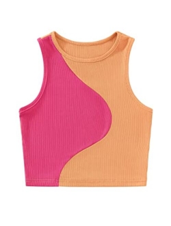 Women's Summer Ribbed Knit Sleeveless Vest Color Block Crop Tank Top