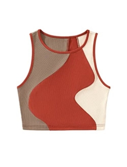 Women's Summer Ribbed Knit Sleeveless Vest Color Block Crop Tank Top