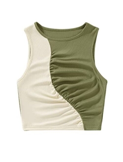 Women's Summer Ribbed Knit Sleeveless Vest Color Block Crop Tank Top