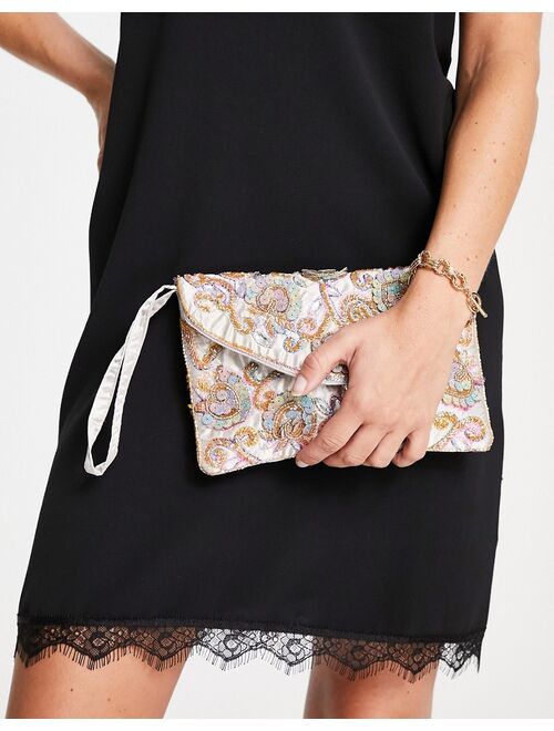 True Decadence embellished envelope clutch bag in pink with iridescent sequins