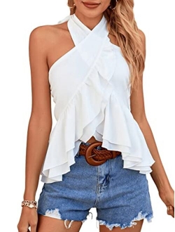 Women's Casual Backless Halter Top Ruffle Hem Solid Wrap Tank Tops