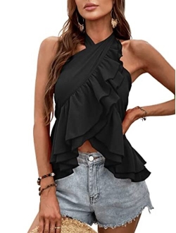 Women's Casual Backless Halter Top Ruffle Hem Solid Wrap Tank Tops