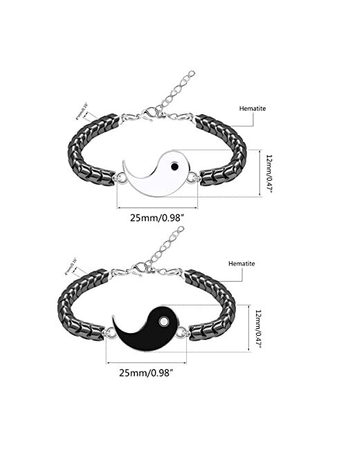 Generic 2 Yin Yang Bracelets Set for Couples - His and Hers Hematite Beads Bracelets for Men Women with Extended Stainless Steel Chain, Matching Puzzle Yinyang Bracelets 