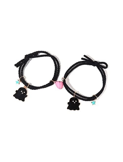 Caiyao 2Pcs Magnetic Love Heart Couple Matching Bracelet Set Adjustable Braide Rope Halloween Mummy Ghost Pumpkin Hat Wizard Bracelet for Boyfriend Girlfriend Lover Frien