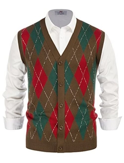 Men's Sweater Vest Cardigan Button Front Knitwear Contrast Color Argyle Sweater Vest