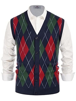 Men's Sweater Vest Cardigan Button Front Knitwear Contrast Color Argyle Sweater Vest