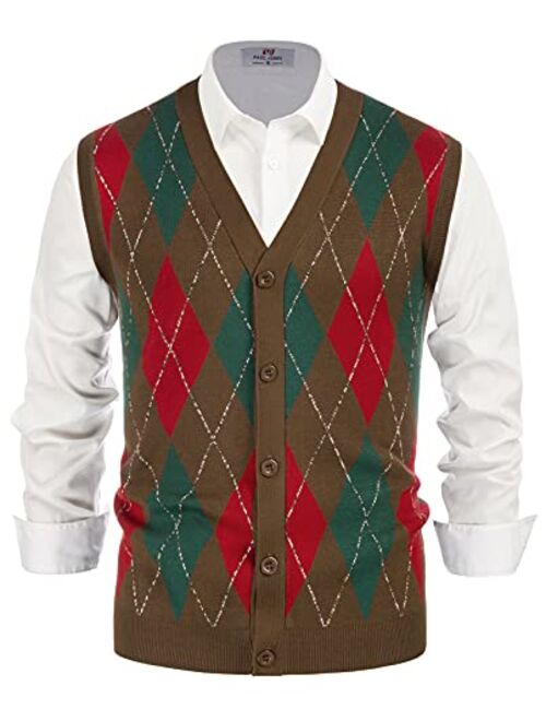 PJ PAUL JONES Men's Sweater Vest Cardigan Button Front Knitwear Contrast Color Argyle Sweater Vest