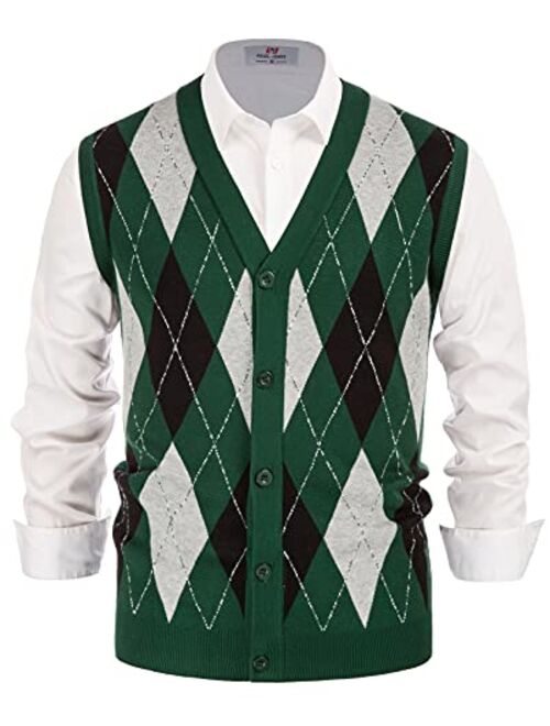 PJ PAUL JONES Men's Sweater Vest Cardigan Button Front Knitwear Contrast Color Argyle Sweater Vest