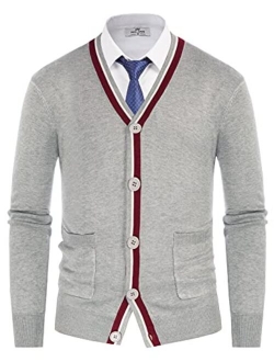 Mens Sweater Cardigan Stylish Contrast Color V-Neck Button Knitwear