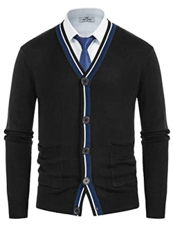 Mens Sweater Cardigan Stylish Contrast Color V-Neck Button Knitwear