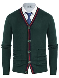 Mens Sweater Cardigan Stylish Contrast Color V-Neck Button Knitwear