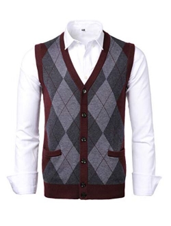 KTWOLEN Mens Slim Fit Argyle Sweater Vest Lightweight Sleeveless V-Neck Knitwear Pullover