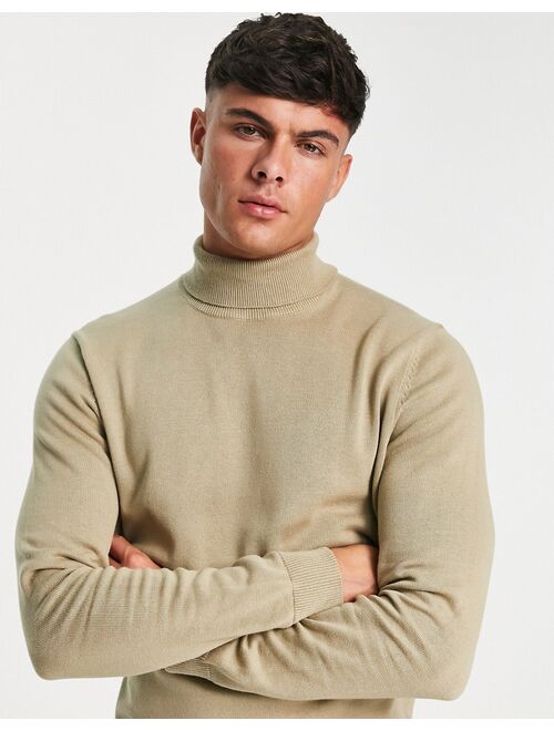 Only & Sons cotton roll neck sweater in beige