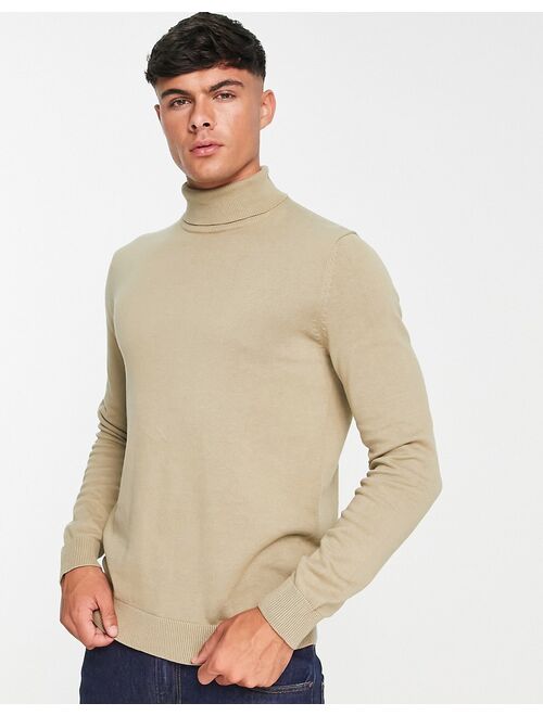 Only & Sons cotton roll neck sweater in beige