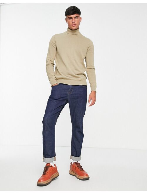 Only & Sons cotton roll neck sweater in beige