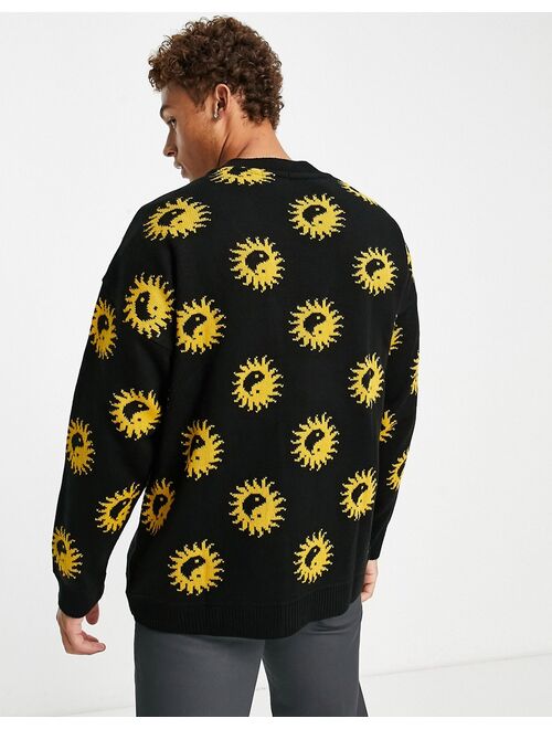 Topman oversized knit cardigan with yin yang print in black