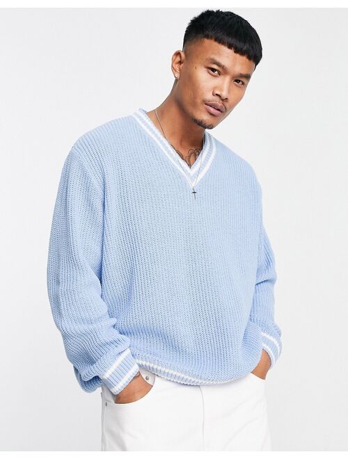 ASOS DESIGN fisherman rib cricket sweater in light blue