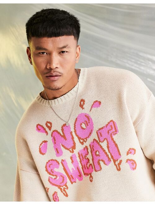 ASOS DESIGN knitted sweater with no sweat slogan in brown