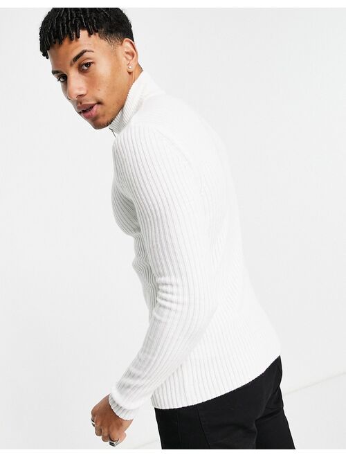 ASOS DESIGN knit muscle fit ribbed half zip sweater in white