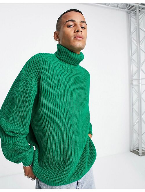 ASOS DESIGN oversized fisherman rib roll neck sweater in bottle green