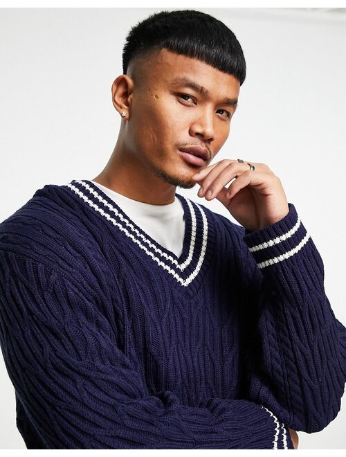 ASOS DESIGN cable knit cricket sweater in navy