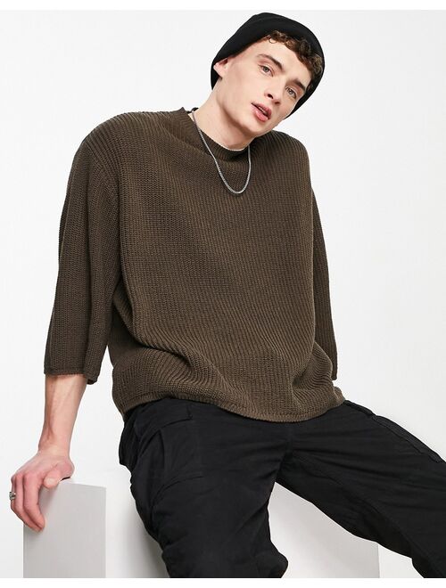 ASOS DESIGN knitted oversized half sleeve rib sweater in brown