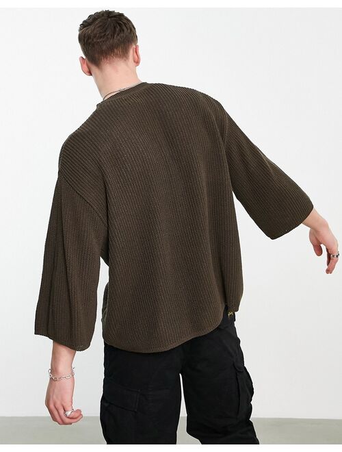 ASOS DESIGN knitted oversized half sleeve rib sweater in brown