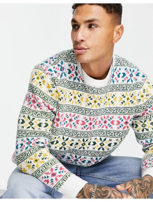 ASOS DESIGN heavyweight knit Christmas sweater with Fair Isle design in ecru