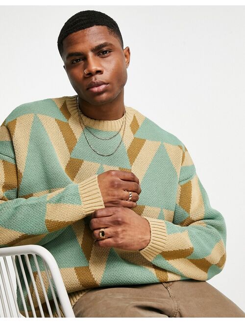 ASOS DESIGN oversized knitted sweater with geo design in green