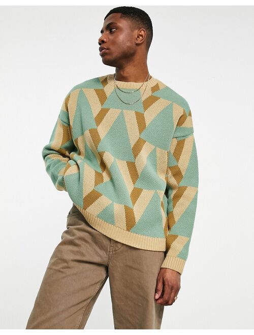 ASOS DESIGN oversized knitted sweater with geo design in green