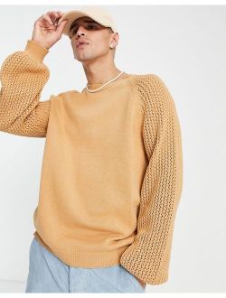 oversized knitted sweater contrast sleeves in light brown