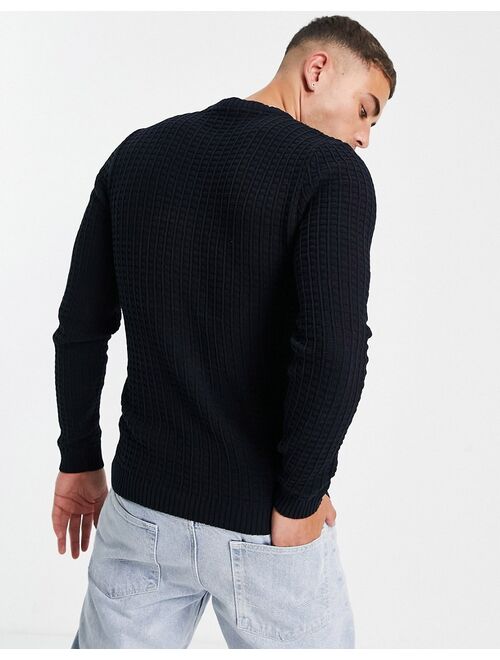 ASOS DESIGN muscle fit waffle texture sweater in navy