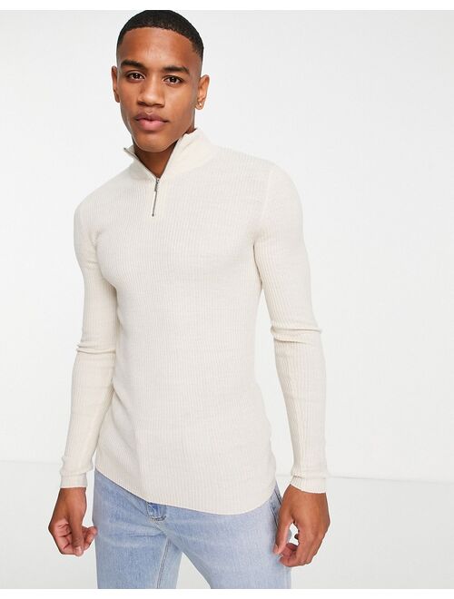 ASOS DESIGN knitted muscle fit rib half zip sweater in oatmeal