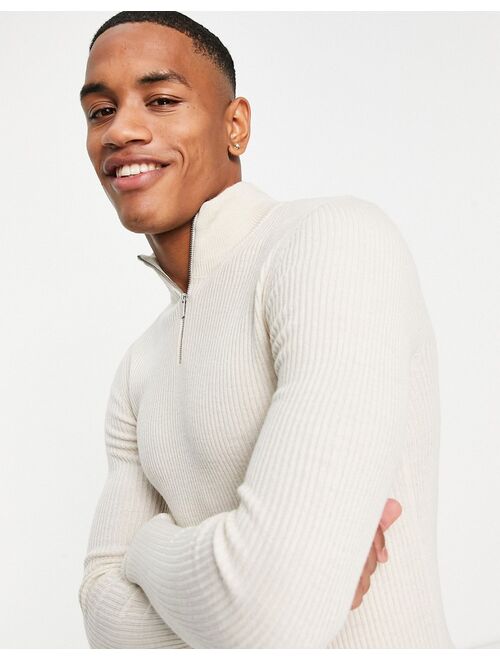 ASOS DESIGN knitted muscle fit rib half zip sweater in oatmeal