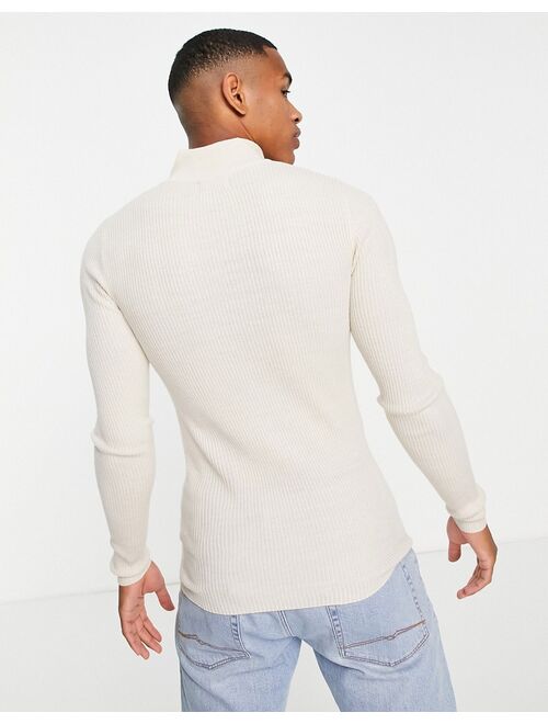 ASOS DESIGN knitted muscle fit rib half zip sweater in oatmeal