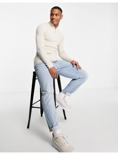 ASOS DESIGN knitted muscle fit rib half zip sweater in oatmeal