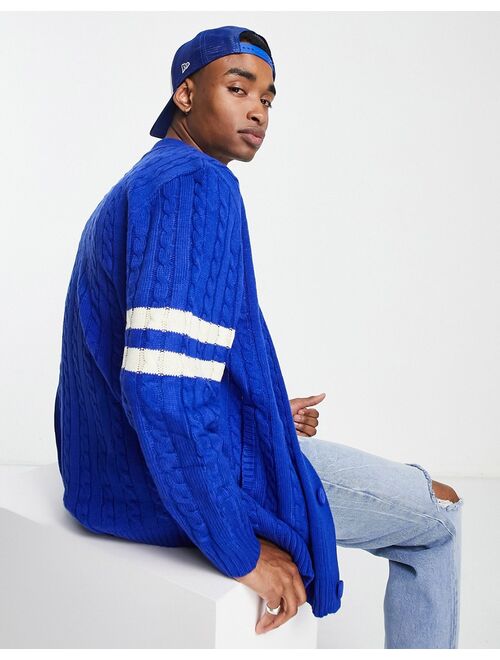 Mennace varsity knitted cardigan in blue with off white embroidery