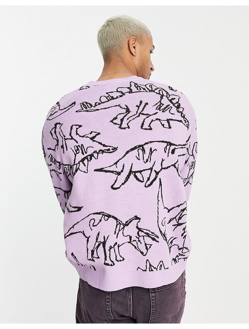 ASOS DESIGN knitted sweater with all over dino pattern in lilac