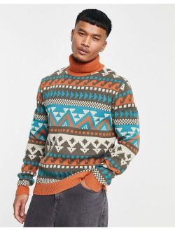 knit Fair Isle roll neck sweater in neutral colors