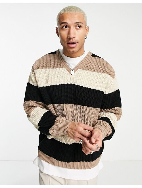 ASOS DESIGN knit V-neck stripe sweater in beige