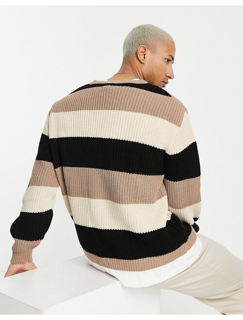 ASOS DESIGN knit V-neck stripe sweater in beige