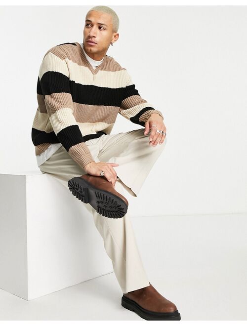 ASOS DESIGN knit V-neck stripe sweater in beige