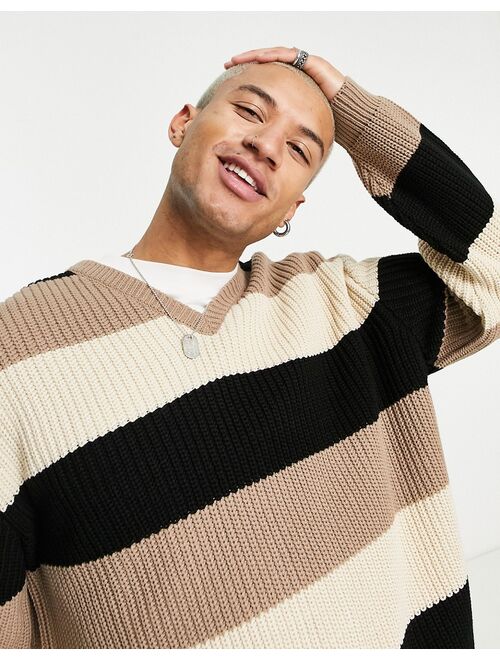 ASOS DESIGN knit V-neck stripe sweater in beige