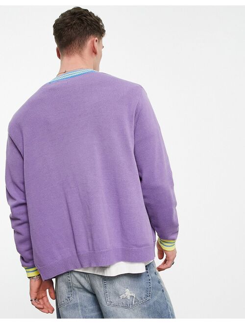 ASOS DESIGN knitted cardigan with badging in purple