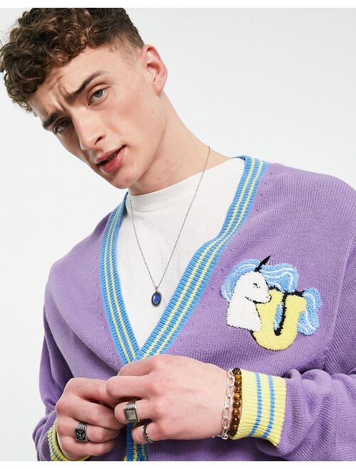 ASOS DESIGN knitted cardigan with badging in purple